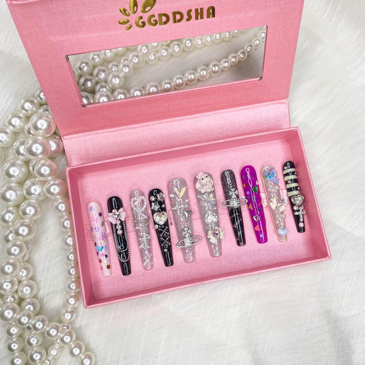 GGDDSHA Nails Press On Nails Medium Fake Nails  FalseNails With 3D  Flower Designs Nail Press Ons French TipHandmade Acrylic Artificial Nails Summer Natural Stick OnNails For Women,Bumble Luxe