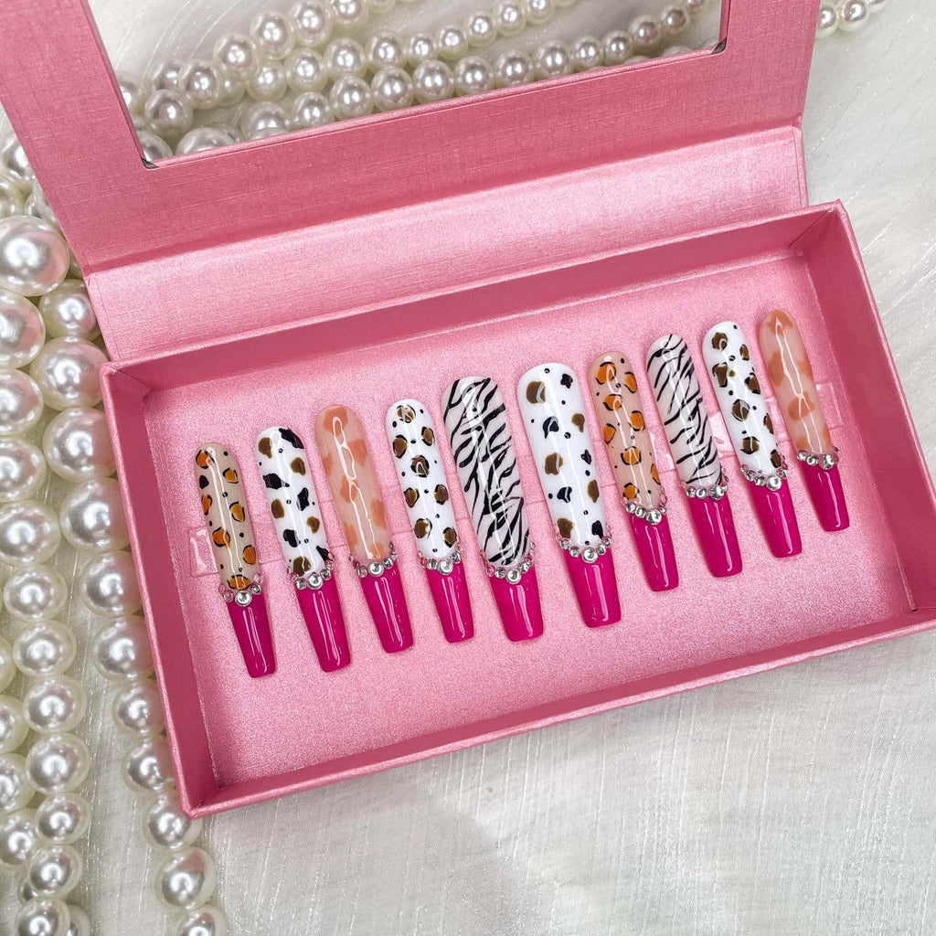 GGDDSHA Nails 10pcs Handmade Press On Nails -GlitterGold Diamond Extra Long Stiletto Reusable Gel UV FinishedFalse Nails, Designer Fashion 3D Hand-painted Nails ,Diamond Zebra