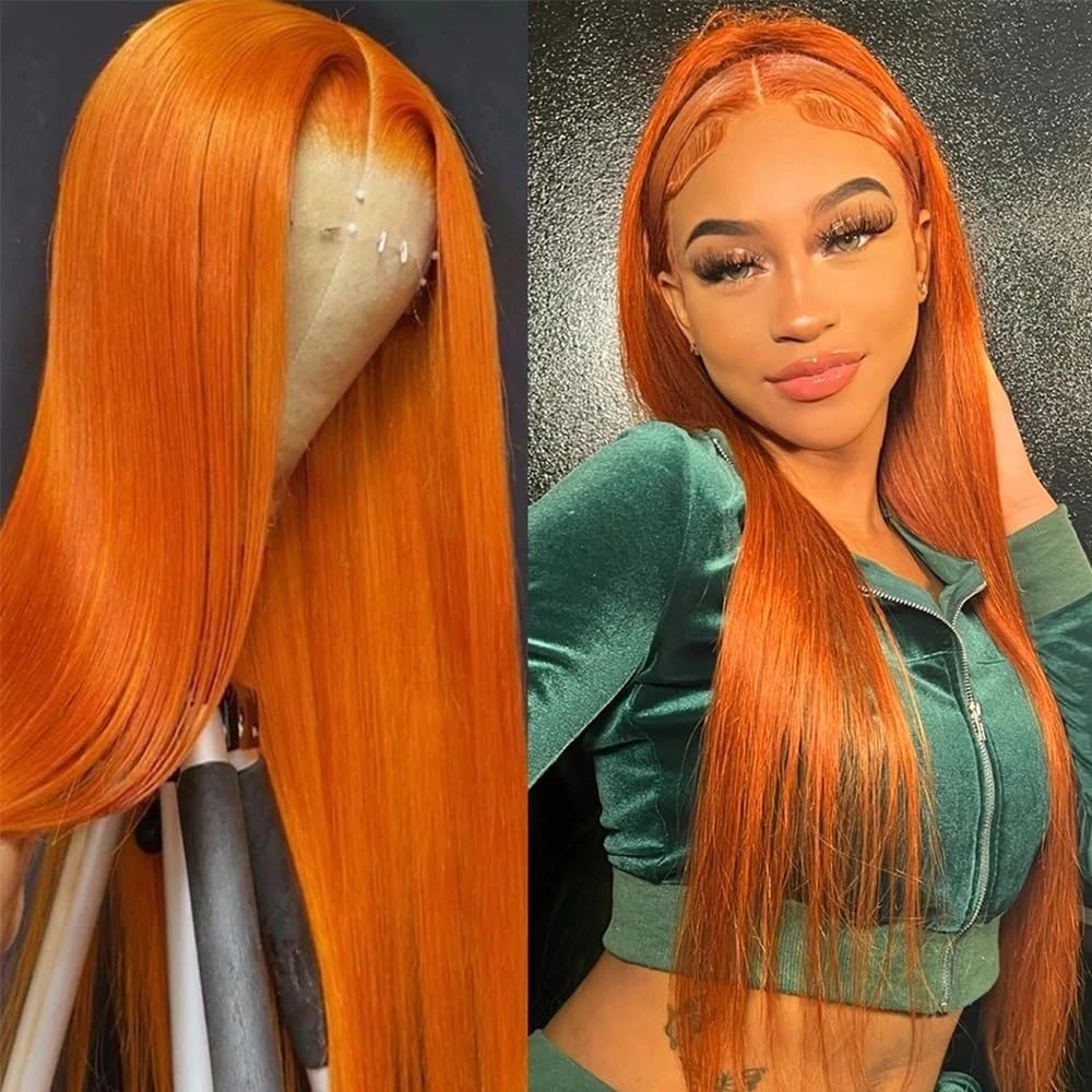 Echomajia Wear and Go Glueless Wigs, 200 Density Orange HD Transparent Ginger Straight Lace 13x4 Front Human Hair 13x6 Lace Frontal Wig Brazilian Hair For Women for Women,(13x4 Lace Wig,32inch)