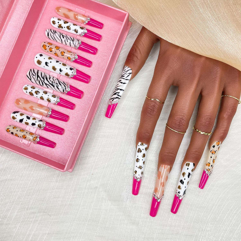 GGDDSHA Nails 10pcs Handmade Press On Nails -GlitterGold Diamond Extra Long Stiletto Reusable Gel UV FinishedFalse Nails, Designer Fashion 3D Hand-painted Nails ,Diamond Zebra